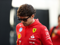 Ferrari driver Charles Leclerc (16) arrives in the paddock at Circuit of the Americas in Austin, Texas, on October 17, 2024. (