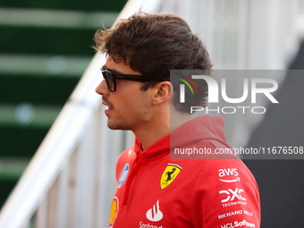 Ferrari driver Charles Leclerc (16) arrives in the paddock at Circuit of the Americas in Austin, Texas, on October 17, 2024. (