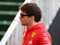 Ferrari driver Charles Leclerc (16) arrives in the paddock at Circuit of the Americas in Austin, Texas, on October 17, 2024. (