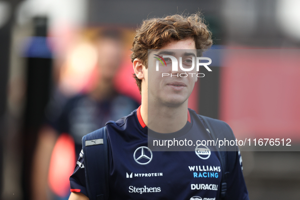 Williams driver Franco Colapinto (43) arrives in the paddock at Circuit of the Americas in Austin, Texas, on October 17, 2024. 