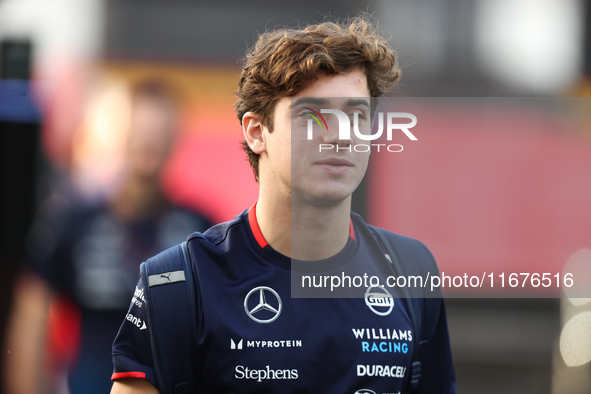 Williams driver Franco Colapinto (43) arrives in the paddock at Circuit of the Americas in Austin, Texas, on October 17, 2024. 