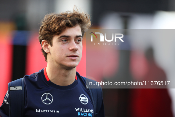 Williams driver Franco Colapinto (43) arrives in the paddock at Circuit of the Americas in Austin, Texas, on October 17, 2024. 