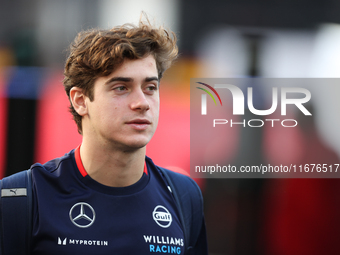 Williams driver Franco Colapinto (43) arrives in the paddock at Circuit of the Americas in Austin, Texas, on October 17, 2024. (