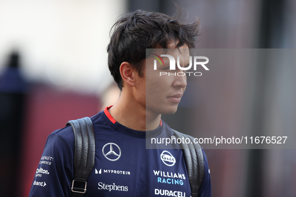 Williams driver Alex Albon arrives in the paddock at Circuit of the Americas in Austin, Texas, on October 17, 2024. 