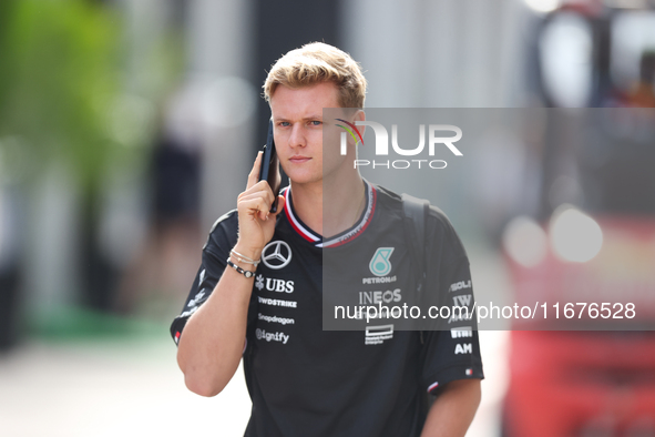 Mick Schumacher arrives in the paddock at Circuit of the Americas in Austin, Texas, on October 17, 2024. 