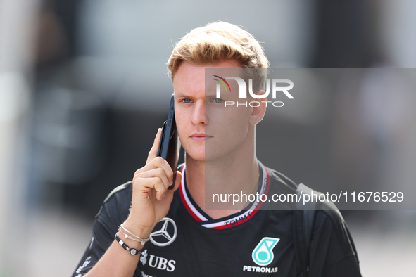 Mick Schumacher arrives in the paddock at Circuit of the Americas in Austin, Texas, on October 17, 2024. 