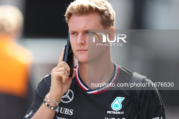 Mick Schumacher arrives in the paddock at Circuit of the Americas in Austin, Texas, on October 17, 2024. 