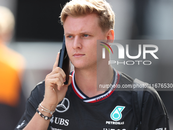 Mick Schumacher arrives in the paddock at Circuit of the Americas in Austin, Texas, on October 17, 2024. (