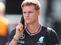 Mick Schumacher arrives in the paddock at Circuit of the Americas in Austin, Texas, on October 17, 2024. (