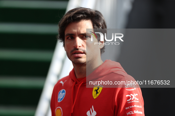 Ferrari driver Carlos Sainz (55) arrives in the paddock at Circuit of the Americas in Austin, Texas, on October 17, 2024. 