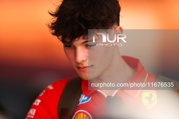 Oliver Bearman is in the Ferrari Hospitality Suite in the paddock at Circuit of the Americas in Austin, Texas, on October 17, 2024. 