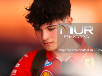 Oliver Bearman is in the Ferrari Hospitality Suite in the paddock at Circuit of the Americas in Austin, Texas, on October 17, 2024. (