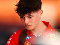 Oliver Bearman is in the Ferrari Hospitality Suite in the paddock at Circuit of the Americas in Austin, Texas, on October 17, 2024. (