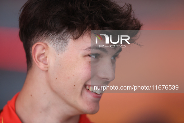 Oliver Bearman is in the Ferrari Hospitality Suite in the paddock at Circuit of the Americas in Austin, Texas, on October 17, 2024. 