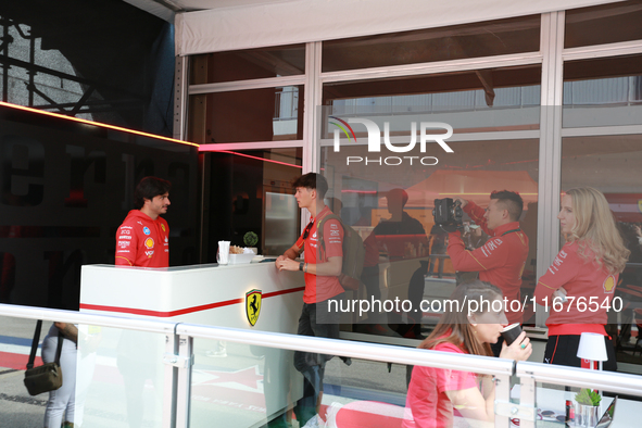 Carlos Sainz and Oliver Bearman are in the Ferrari Hospitality Suite in the paddock at Circuit of the Americas in Austin, Texas, on October...