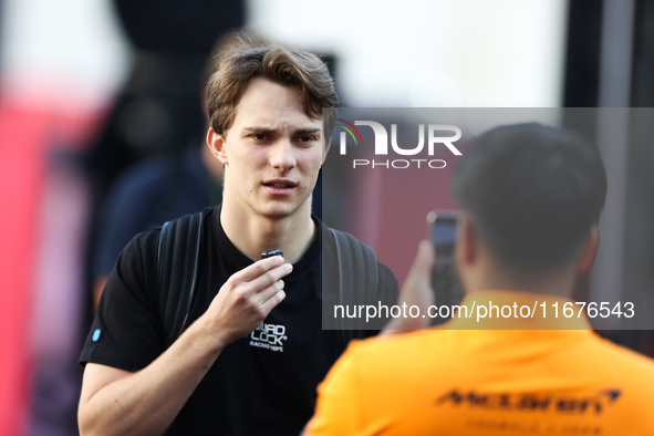 McLaren Driver Oscar Piastri (81) arrives in the paddock at Circuit of the Americas in Austin, Texas, on October 17, 2024. 