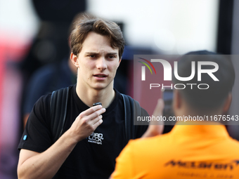 McLaren Driver Oscar Piastri (81) arrives in the paddock at Circuit of the Americas in Austin, Texas, on October 17, 2024. (