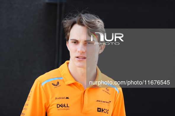 McLaren Driver Oscar Piastri (81) arrives in the paddock at Circuit of the Americas in Austin, Texas, on October 17, 2024. 