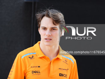 McLaren Driver Oscar Piastri (81) arrives in the paddock at Circuit of the Americas in Austin, Texas, on October 17, 2024. (