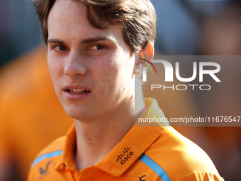 McLaren Driver Oscar Piastri (81) arrives in the paddock at Circuit of the Americas in Austin, Texas, on October 17, 2024. (