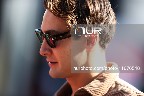 Mercedes driver George Russell (63) arrives in the paddock at Circuit of the Americas in Austin, Texas, on October 17, 2024. 