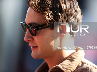 Mercedes driver George Russell (63) arrives in the paddock at Circuit of the Americas in Austin, Texas, on October 17, 2024. (