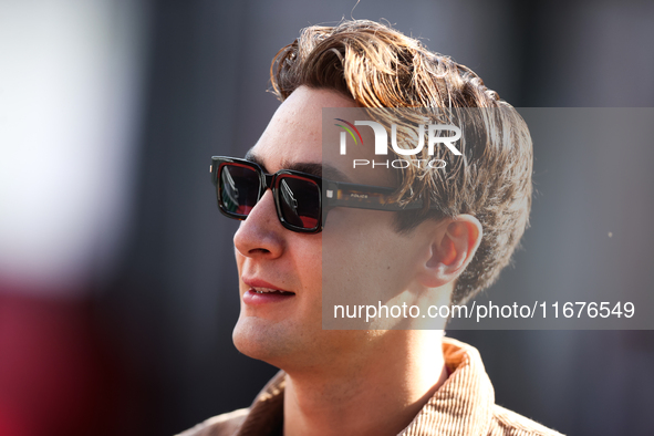 Mercedes driver George Russell (63) arrives in the paddock at Circuit of the Americas in Austin, Texas, on October 17, 2024. 