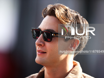 Mercedes driver George Russell (63) arrives in the paddock at Circuit of the Americas in Austin, Texas, on October 17, 2024. (