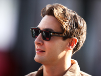 Mercedes driver George Russell (63) arrives in the paddock at Circuit of the Americas in Austin, Texas, on October 17, 2024. (