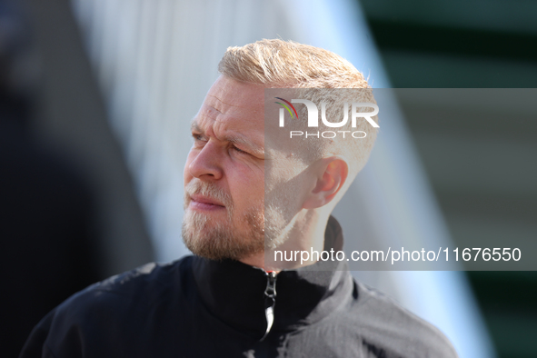 Haas driver Kevin Magnussen (20) arrives in the paddock at Circuit of the Americas in Austin, Texas, on October 17, 2024. 