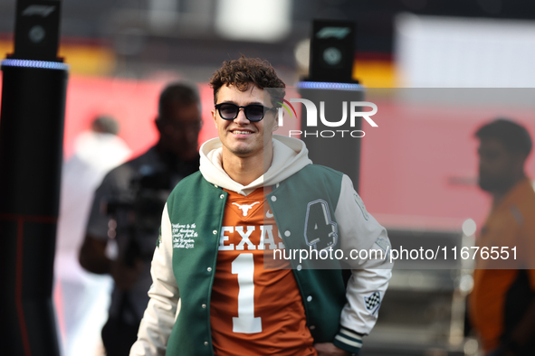 McLaren Driver Lando Norris (4) arrives in the paddock at Circuit of the Americas in Austin, Texas, on October 17, 2024. 