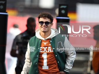 McLaren Driver Lando Norris (4) arrives in the paddock at Circuit of the Americas in Austin, Texas, on October 17, 2024. (