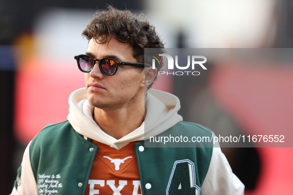 McLaren Driver Lando Norris (4) arrives in the paddock at Circuit of the Americas in Austin, Texas, on October 17, 2024. 