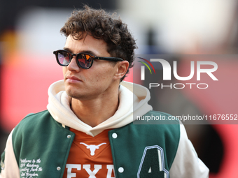 McLaren Driver Lando Norris (4) arrives in the paddock at Circuit of the Americas in Austin, Texas, on October 17, 2024. (