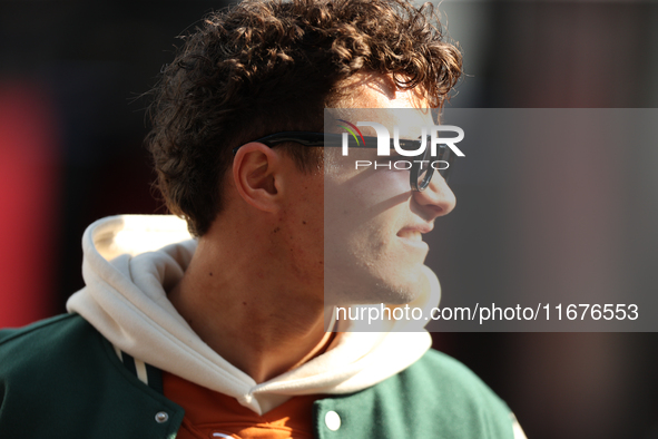 McLaren Driver Lando Norris (4) arrives in the paddock at Circuit of the Americas in Austin, Texas, on October 17, 2024. 