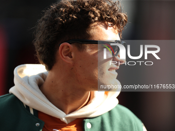 McLaren Driver Lando Norris (4) arrives in the paddock at Circuit of the Americas in Austin, Texas, on October 17, 2024. (