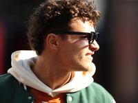 McLaren Driver Lando Norris (4) arrives in the paddock at Circuit of the Americas in Austin, Texas, on October 17, 2024. (