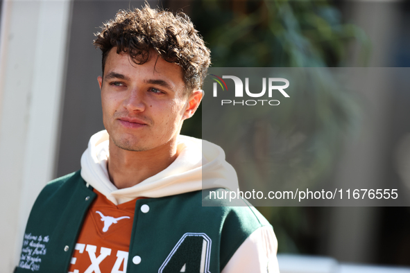 McLaren Driver Lando Norris (4) arrives in the paddock at Circuit of the Americas in Austin, Texas, on October 17, 2024. 