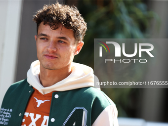 McLaren Driver Lando Norris (4) arrives in the paddock at Circuit of the Americas in Austin, Texas, on October 17, 2024. (