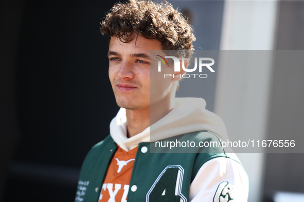 McLaren Driver Lando Norris (4) arrives in the paddock at Circuit of the Americas in Austin, Texas, on October 17, 2024. 