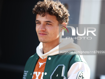 McLaren Driver Lando Norris (4) arrives in the paddock at Circuit of the Americas in Austin, Texas, on October 17, 2024. (