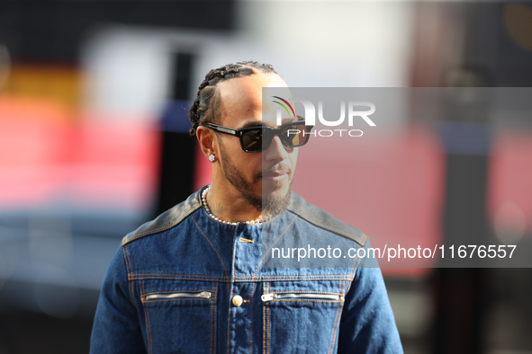 Mercedes driver Lewis Hamilton (44) arrives in the paddock at Circuit of the Americas in Austin, Texas, on October 17, 2024. 