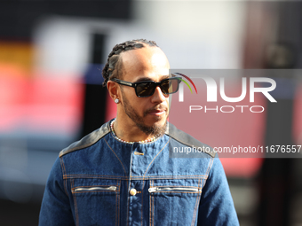 Mercedes driver Lewis Hamilton (44) arrives in the paddock at Circuit of the Americas in Austin, Texas, on October 17, 2024. (