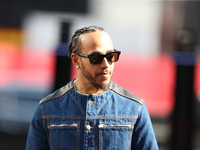 Mercedes driver Lewis Hamilton (44) arrives in the paddock at Circuit of the Americas in Austin, Texas, on October 17, 2024. (