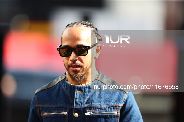 Mercedes driver Lewis Hamilton (44) arrives in the paddock at Circuit of the Americas in Austin, Texas, on October 17, 2024. 