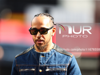 Mercedes driver Lewis Hamilton (44) arrives in the paddock at Circuit of the Americas in Austin, Texas, on October 17, 2024. (