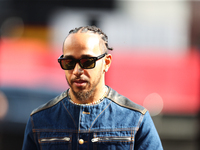 Mercedes driver Lewis Hamilton (44) arrives in the paddock at Circuit of the Americas in Austin, Texas, on October 17, 2024. (