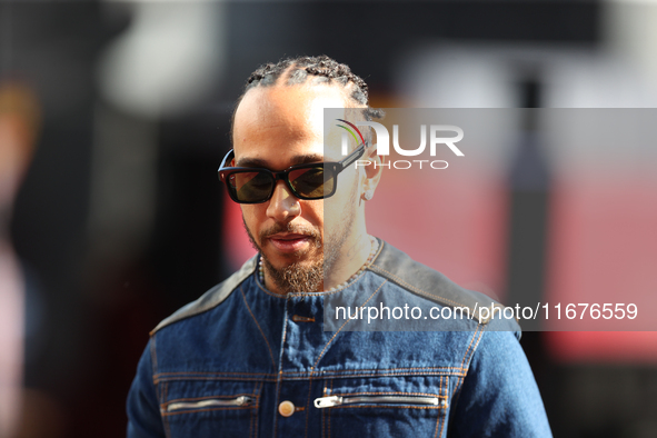 Mercedes driver Lewis Hamilton (44) arrives in the paddock at Circuit of the Americas in Austin, Texas, on October 17, 2024. 