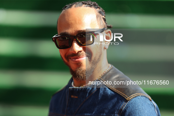 Mercedes driver Lewis Hamilton (44) arrives in the paddock at Circuit of the Americas in Austin, Texas, on October 17, 2024. 