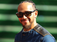 Mercedes driver Lewis Hamilton (44) arrives in the paddock at Circuit of the Americas in Austin, Texas, on October 17, 2024. (